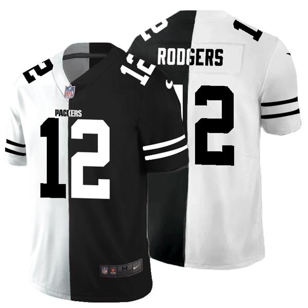 Men's Green Bay Packers #12 Aaron Rodgers Black & White NFL Split Limited Stitched Jersey